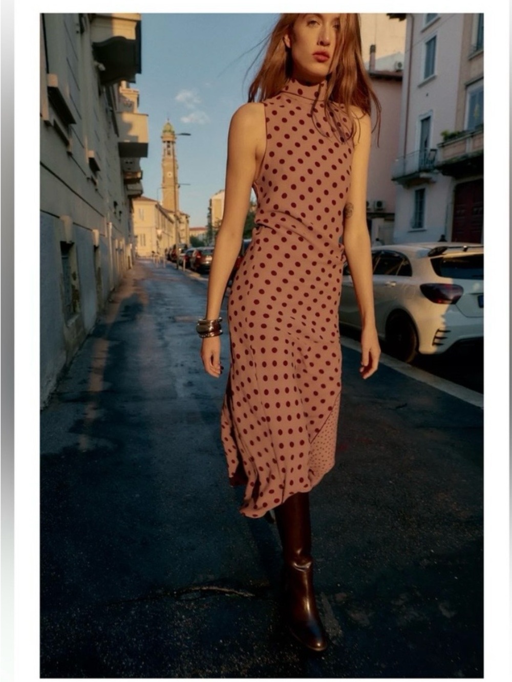 Zara Mauve Polka Dot Asymmetrical Sleeveless Midi Dress